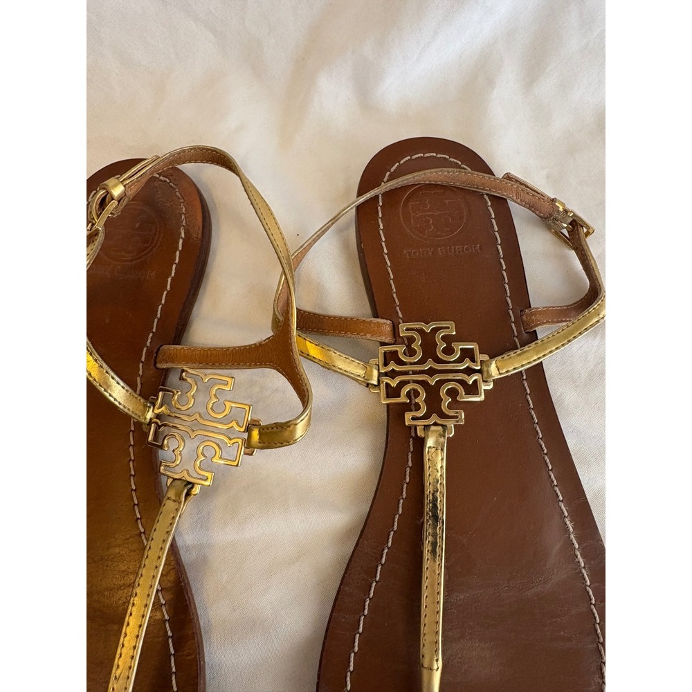 Tory Burch Miller Metallic Gold Leather Thong Ankle Strap Sandals Womens 8.5 M - Picture 2 of 6